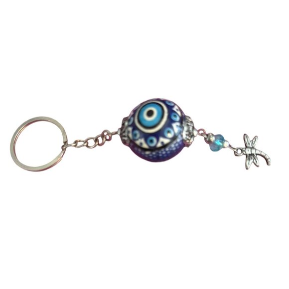 Turkish Evil Eye Ceramic Bead Keychain Dragonfly Silver Tone 5" Long 21.16g - Picture 4 of 5